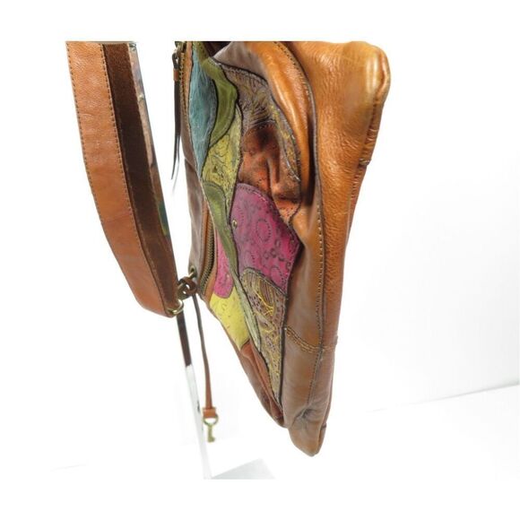 Vtg Fossil Colorful Patchwork Camel Brown Leather Crossbody Shoulder Bag KEY - Picture 5 of 8